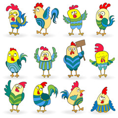 Set of funny colored roosters on a white background isolated