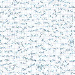 Seamless pattern on the theme of the subject of chemistry, hand-written formulas of substances, and images of molecules on a white background