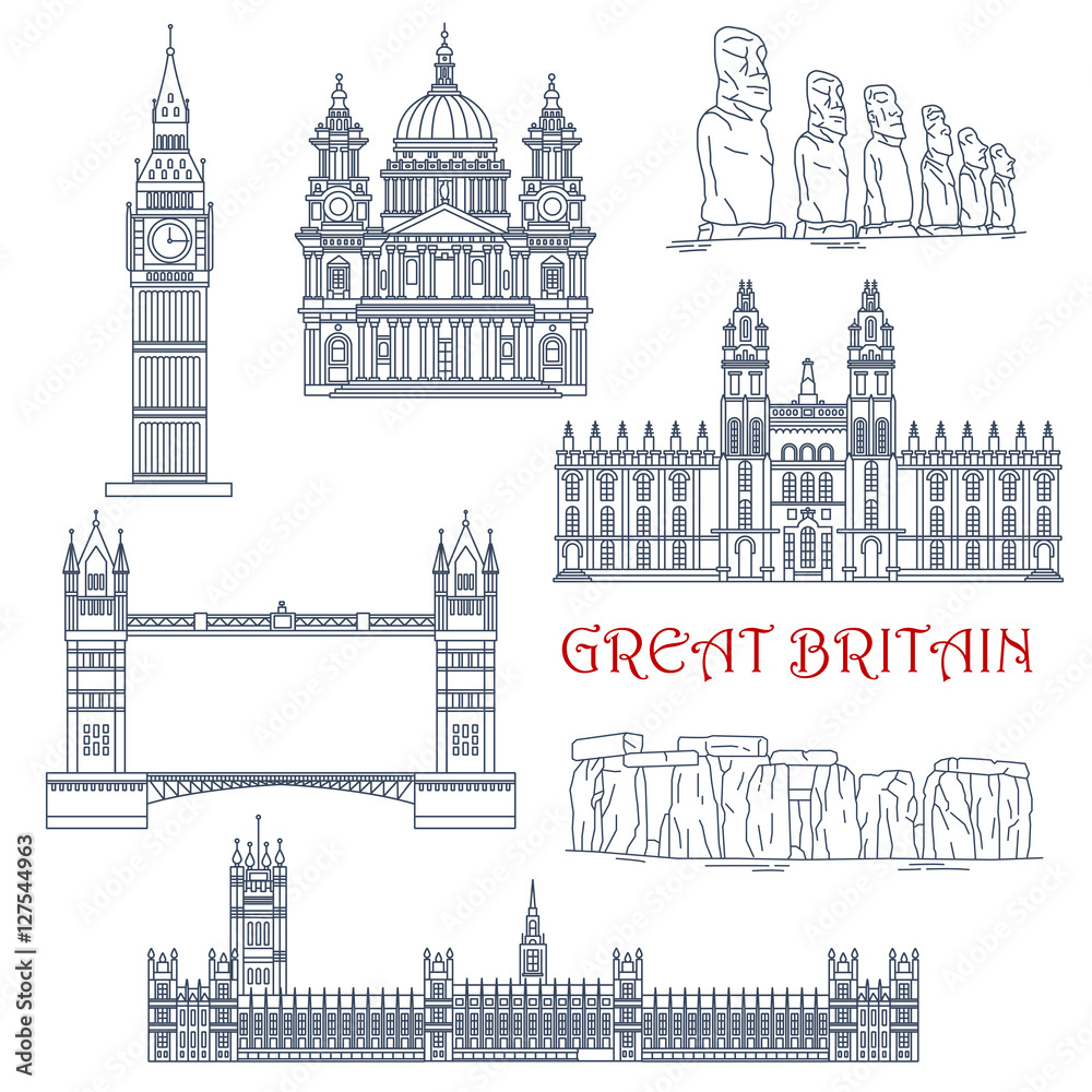 Poster Attractions of Great Britain and Chile linear icon