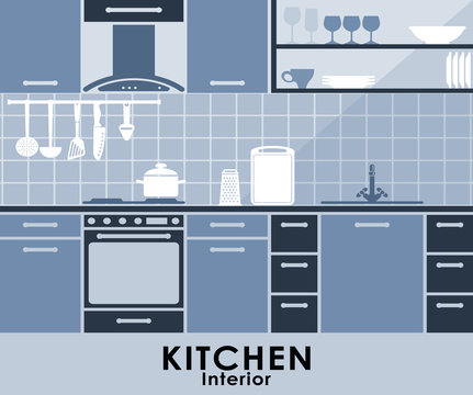 Blue kitchen interior in flat style