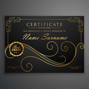 black and golden premium certificate template design