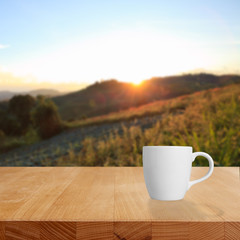 Coffee cup on a table in the morning.