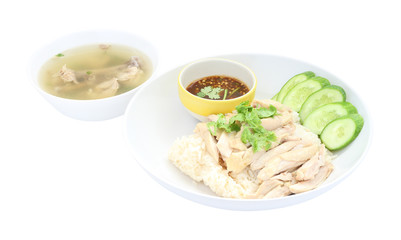 Hainanese chicken rice with soup on white background.