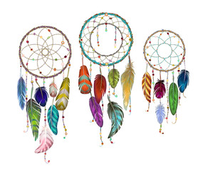 Colorful detailed Dream catcher set, painted watercolor design. Hand drawn editable elements, realistic style, vector illustration. Ethnic Colored feathers, isolated on background,sketched collection. - obrazy, fototapety, plakaty
