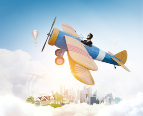 Woman in drawn airplane . Mixed media