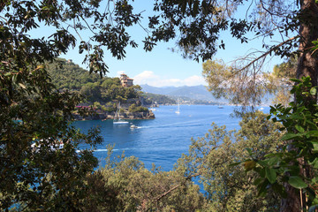 Fototapeta na wymiar Liguria coast and Mediterranean Sea with boats near Portofino, Italy