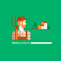 Farming industry, farmer with fork, farm house, country side