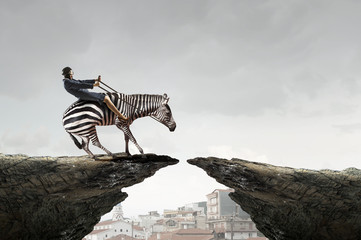 Fototapeta na wymiar Businesswoman ride zebra . Mixed media