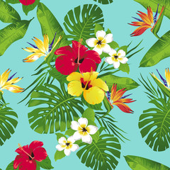 Tropical flowers and leaves on blue background. Seamless. Vector. 