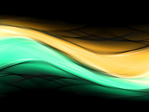 Abstract background powerful effect lighting. Green orange blurred color waves design. Glowing template for your creative graphics.