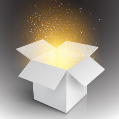 Illustration of Realistic Magic Open Box. Magic Gift Box with Magic Light Comming from Inside. Paper Box