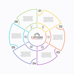 Thin line pie chart infographic template with 6 options. 