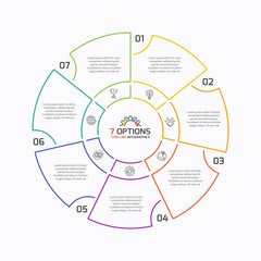 Obraz premium Thin line pie chart infographic template with 7 options. 