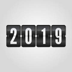 Happy New Year 2019 scoreboard congratulation, flip symbol on grey gradient background