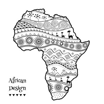 Textured vector map of Africa. Hand-drawn ethno pattern, tribal background. Vector illustration.