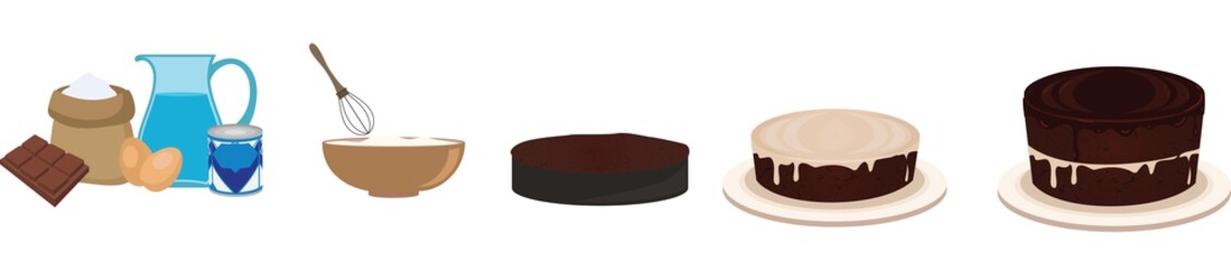 Cake cooking process. From ingredients to ready cake.