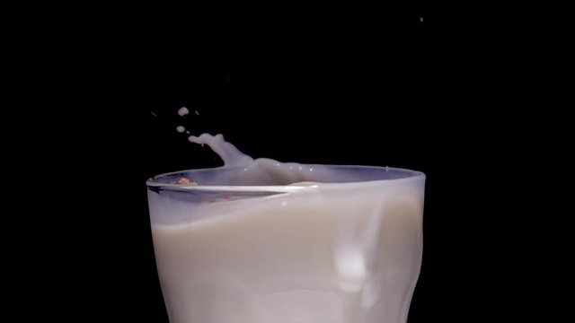 Cookie falling in glass of milk with splash in slow motion