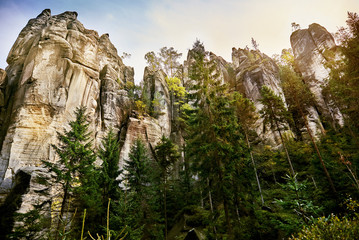Fantastic view of the andstone Pillars. Teplice-Adrspach Rock To - obrazy, fototapety, plakaty