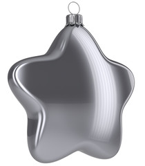 Silver Christmas ball star shaped hanging decoration adornment New Years Eve bauble. Happy Merry Xmas greeting card design element traditional wintertime holidays decor ornament white. 3d illustration