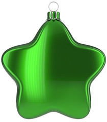 Christmas star hanging decoration green New Year's Eve bauble ornate Merry Xmas ball. Happy wintertime adornment greeting card design element traditional festive decor ornament blank. 3d illustration