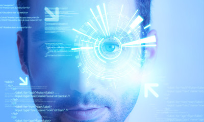 Futuristic technology user interface with an user eye on the bac