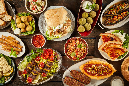 Top down view of Mediterranean dishes