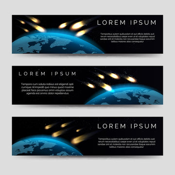 Meteor shower over globe map horizontal banners set