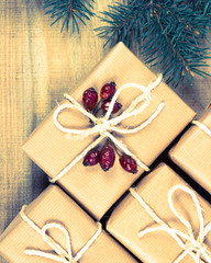 Rustic gift box with kraft paper. Christmas gift.