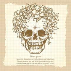 Skull sketch in roses wreath on vintage background. Retro vector poster design