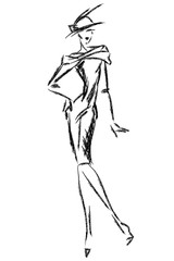 Fototapeta na wymiar Black and white retro fashion woman model. Hand drawn vector