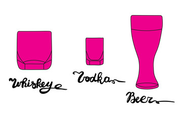 Whiskey, vodka, beer glasses. Various types of glasses with hand drawn inscriptions. Vector pub set
