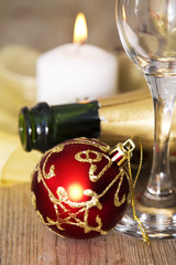 Bottle of champagne and Christmas decorations