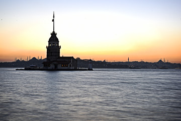 Maiden's Tower of the Istanbul bosphorus with sunset and long exposure shot