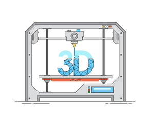 Modern thin linear icon of 3d printer. The printing process on the 3D printer. Modern technology 3d printing in outline flat style. Vector illustration for website or infographics.
