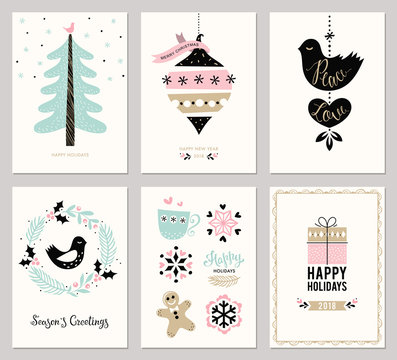 Merry Christmas and Happy Holidays cards set with New Year tree, snowflakes, gift box, dove, bird and wreath. Greeting cards in trending pink,  gold and black colors.