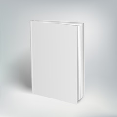 Blank vertical book cover template with pages in front side standing on white surface Perspective view. Vector illustration.