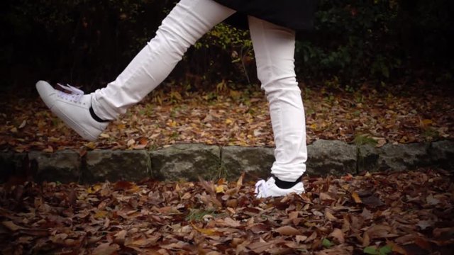 たくさんの落葉の道をあるく女性 スローモーション