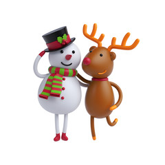 3d render, digital illustration, snowman and deer, Christmas greeting card, festive background, holiday clip art
