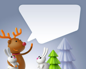 3d render, digital illustration, blank banner, deer and rabbits, bunny, message balloon, speech bubble, festive Christmas background, holiday greeting card