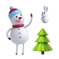 3d render, digital illustration, funny snowman bunny tree, Christmas toys, holiday clip art setisolated on white background
