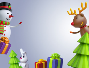 3d render, digital illustration, Merry Christmas greeting card, festive poster, cartoon snowman and deer, funny holiday background