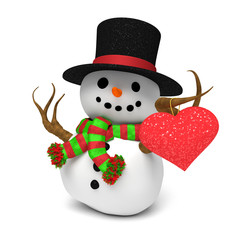happy cute snowman holding a red glittery heart (3D illustration isolated on a white background)