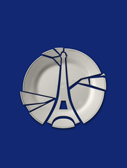 Isolated broken plate in the shape of Paris eiffel tower on soli