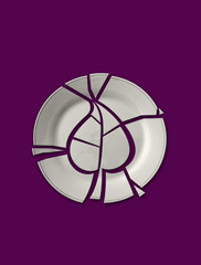 Isolated broken plate in the shape of a leaf on solid violet  ba