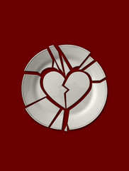 Isolated broken plate in the shape of a heart on solid red backg