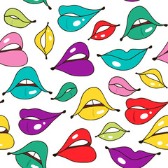 Lips seamless pattern in retro color style. Trendy fabric backdrop, textile background. Vector Illustration