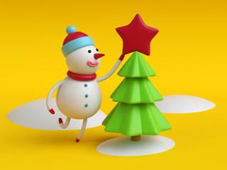 3d cartoon snowman decorating Christmas tree, holiday background, greeting card