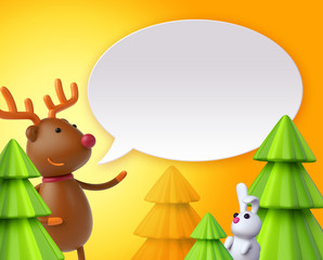 Obraz na płótnie Canvas blank banner, deer and rabbit, bunny, message balloon, speech bubble, festive Christmas background, holiday greeting card