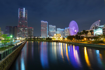 Cityscape of Yokohama city at night, Japan