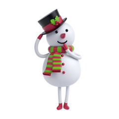 3d shy snowman holding hat, cartoon character, Christmas toy, holiday clip art isolated on white background
